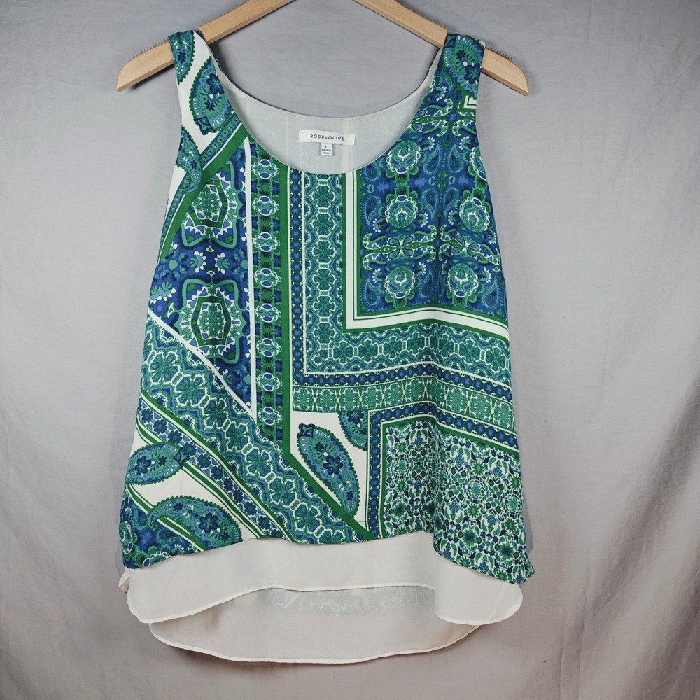 Rose Olive Paisley Print Tank Top Womens L Layered Chiffon Hem Green Blue